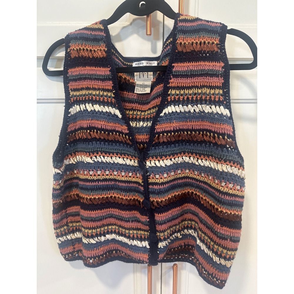 Grandmacore Hand Knit Sweater Vest Womens Large Multi Color Striped boho fairy
